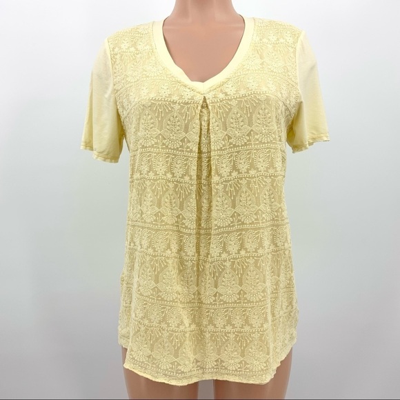 Sundance Easy Embroidered Pleated V-Neck Yellow Buttercup Top - Picture 1 of 9